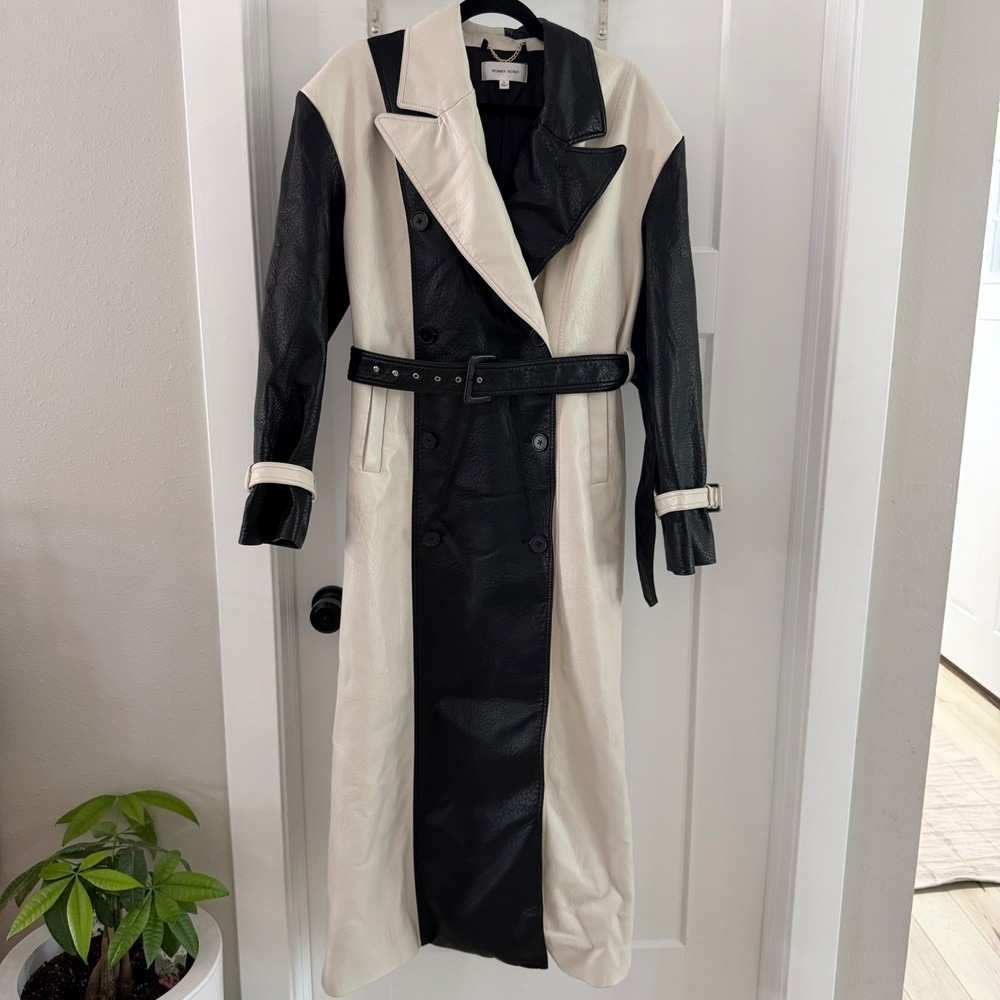 Ronny Kobo Faux Leather Trench Coat Black White Colorblock Womens Medium Lux